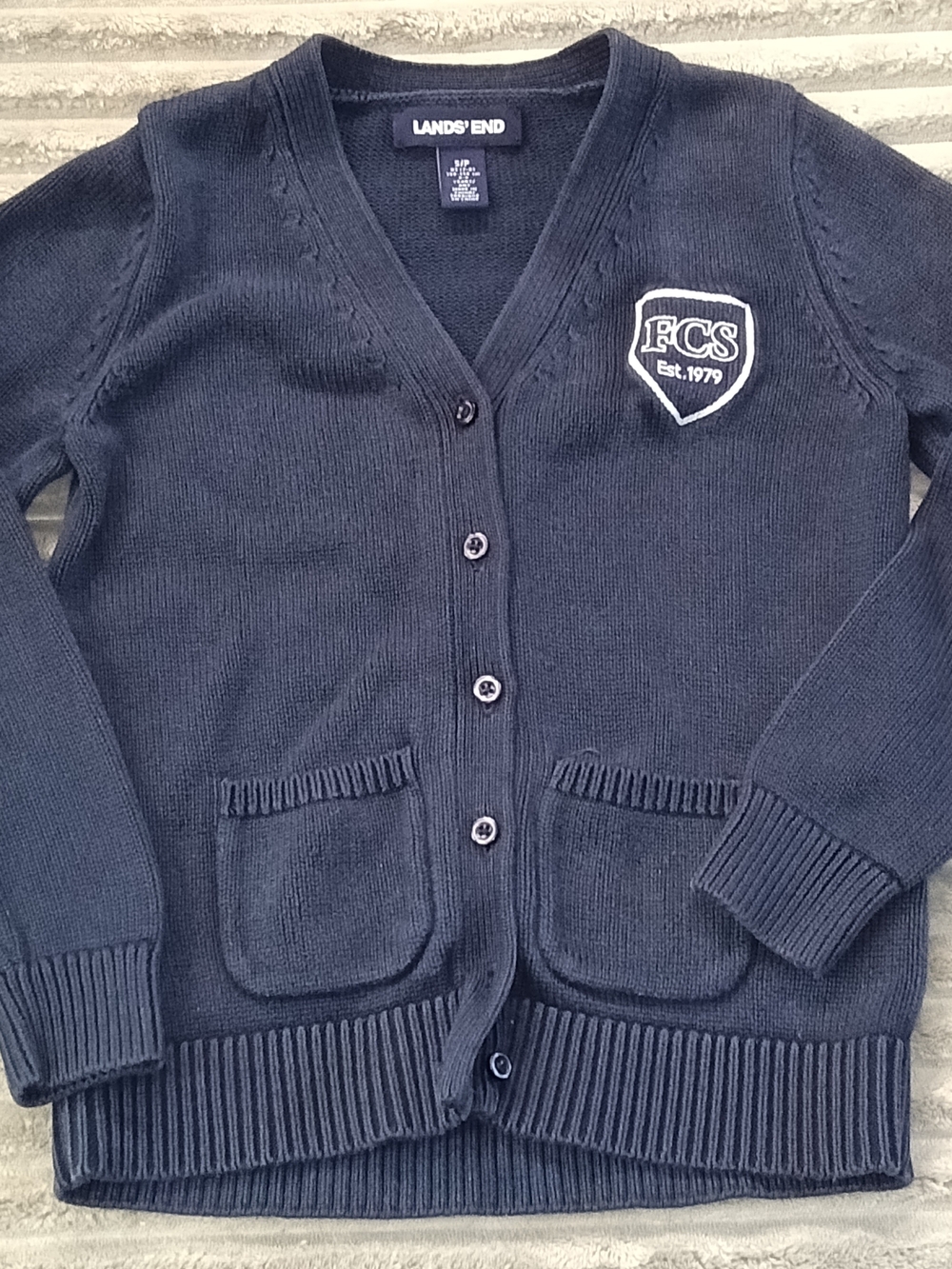 Lands' End Kids Distressed Blue V Neck Button-Front Cardigan Patch Unisex S 7/8